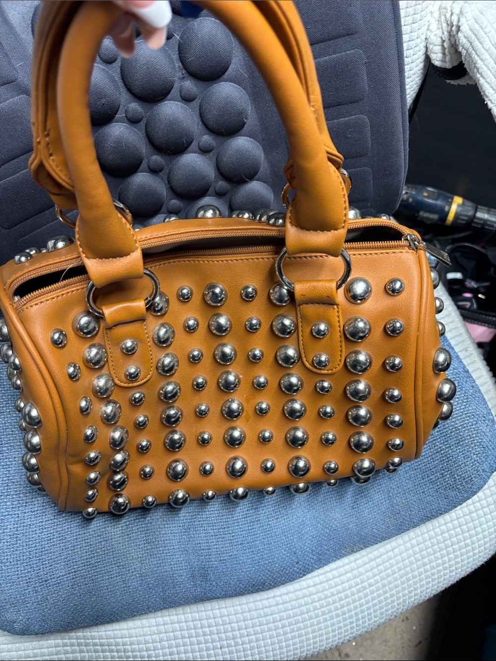 Studded Tan Leather Satchel Handbag